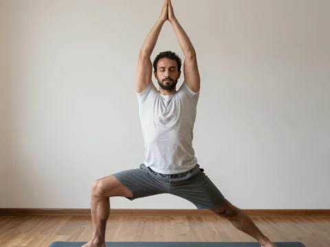Man Practicing Yoga Warrior Pose Indoors