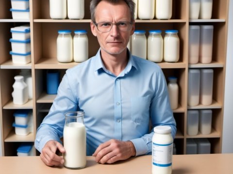 Man Presenting Milk Bottles in Storage Room