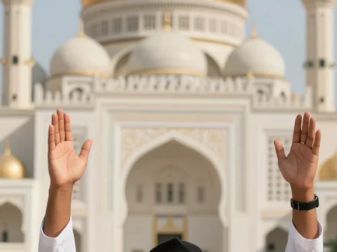 Man Raising Hands in Prayer at Golden Dome Mosque