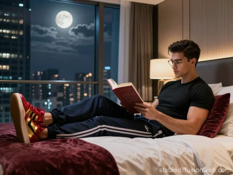 Man Reading a Book by Moonlight in a Modern City Apartment
