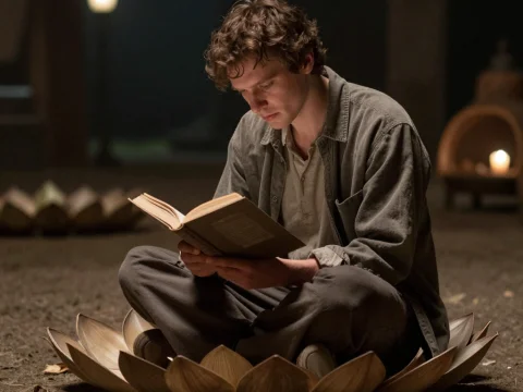 Man Reading in Lotus Position on Wooden Lotus Seat
