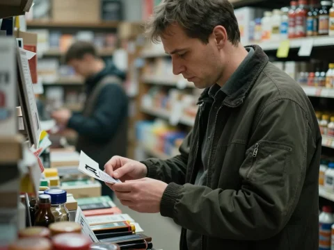 Man Reading Product Information in Store Aisle