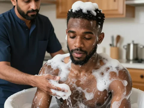 Man Receiving a Gentle Foam Bath Assistance