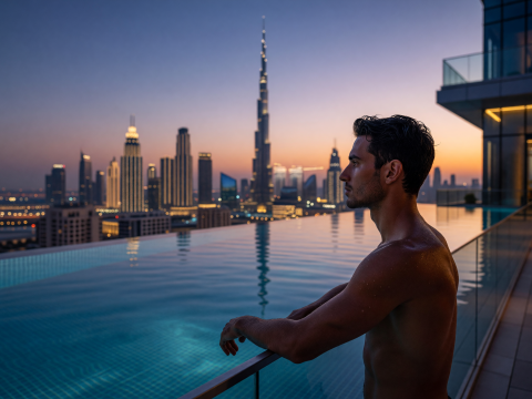 Man Relaxing by Infinity Pool at Dusk with Dubai Skyline