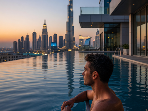 Man Relaxing in Infinity Pool Overlooking Dubai Skyline at Dusk