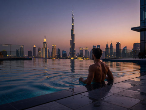 Man Relaxing in Rooftop Infinity Pool at Dusk with Dubai Skyline