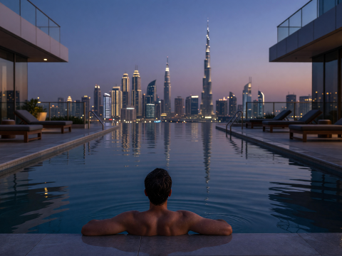 Man Relaxing in Rooftop Infinity Pool with Dubai Skyline at Dusk