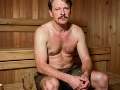 Man Relaxing in Wooden Sauna