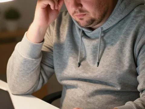 Man Researching Weight Loss on Laptop at Home