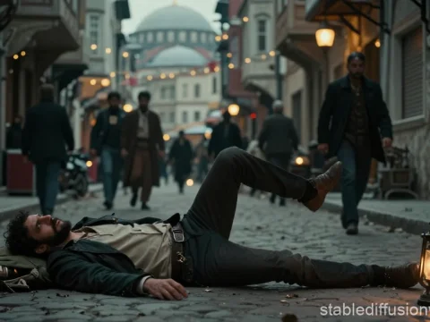 Man Resting on Cobblestone Street in Istanbul