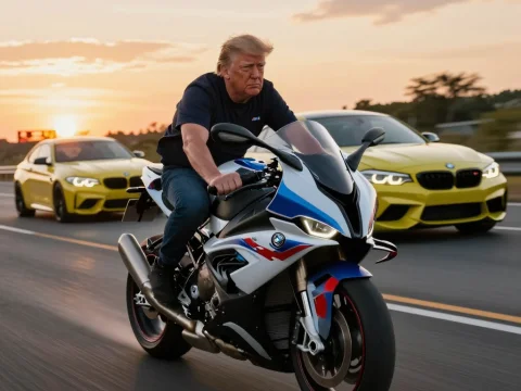 Man Riding BMW M1000RR Motorcycle with Yellow BMW Cars at Sunset