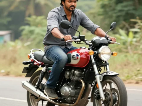 Man Riding Classic Motorcycle on Road