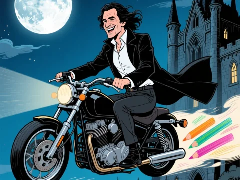 Man Riding Motorcycle with Colorful Pencil Trail at Night