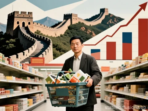 Man Shopping in Supermarket with Great Wall and Growth Chart Background