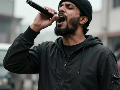 Man Singing Passionately into Microphone Outdoors