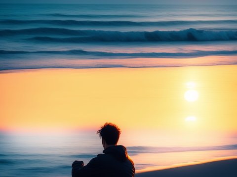 Man Sitting Alone on Beach at Sunset