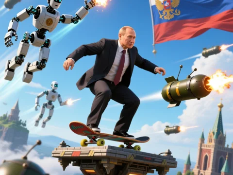 Man Skateboarding on Floating Platform Amidst Combat Robots and Missiles