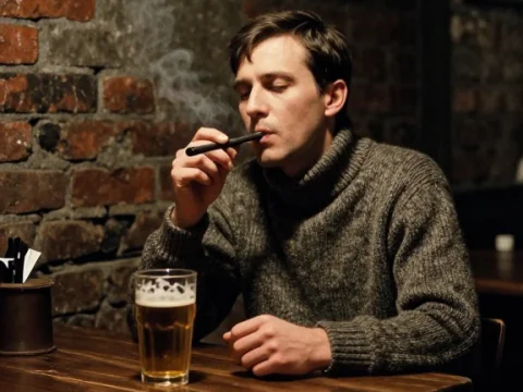 Man Smoking Pipe in Gloomy Tavern with Beer