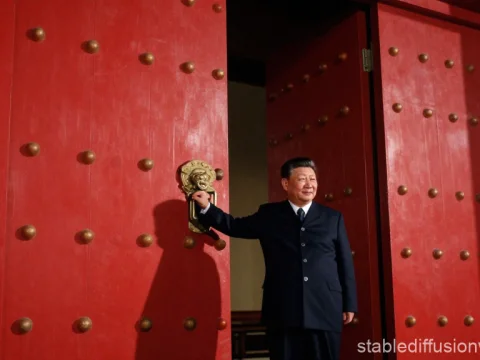 Man Standing by Large Traditional Red Door