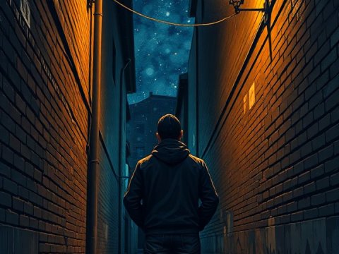 Man Standing in Narrow Alley Under Starry Night
