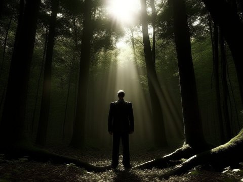 Man Standing in Sunlit Forest Clearing