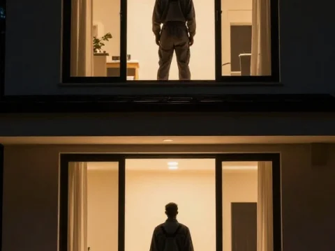 Man Standing Inside a Modern House at Night