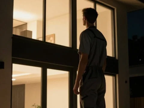 Man Standing Outside Modern House at Night