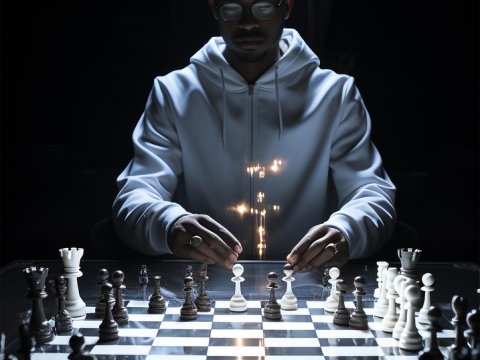 Man Strategizing Over Chessboard with Glowing Pieces