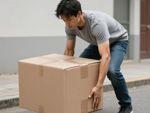 Man Struggling to Lift a Heavy Cardboard Box Outdoors
