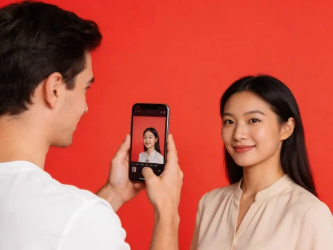 Man Taking Photo of Smiling Woman Against Red Background