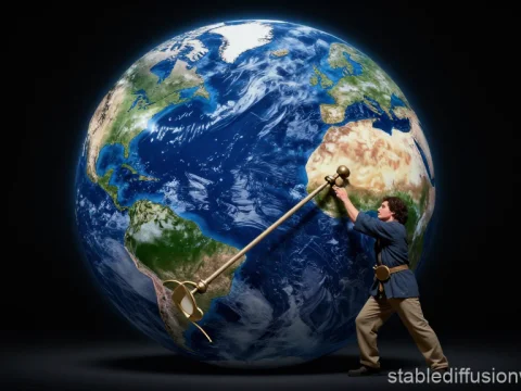 Man Using Giant Armillary Sphere on Earth Globe