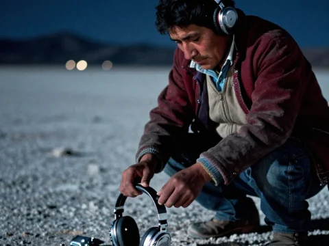 Man Using Headphones with Biomechanical Devices in Uyuni Desert
