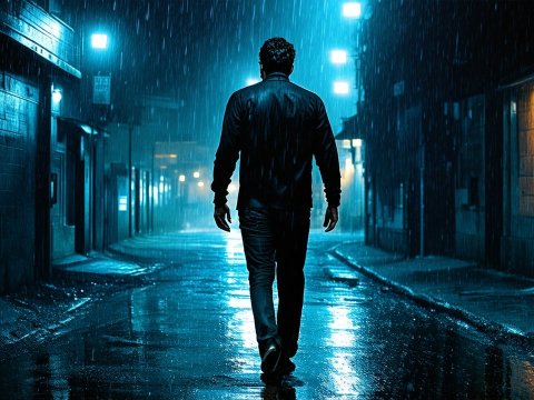 Man Walking Alone in Rainy Urban Night