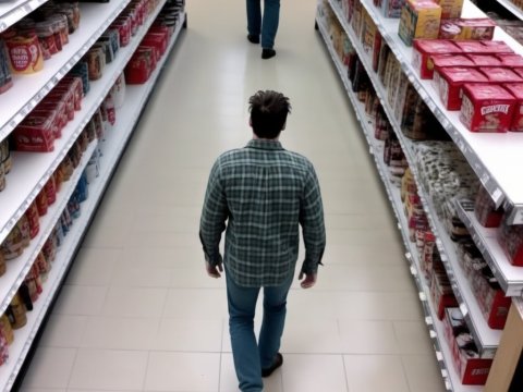 Man Walking Down Grocery Store Aisle