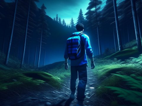 Man Walking Through a Mystical Forest at Night