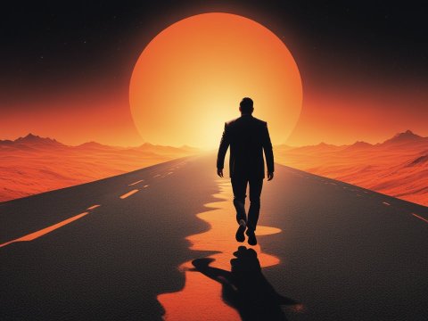 Man Walking Toward a Giant Setting Sun on an Endless Road