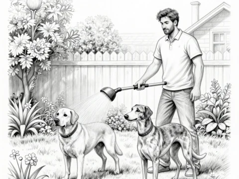 Man Watering Dogs in Garden Sketch