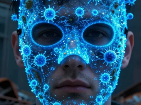 Man Wearing a Glowing Bacterial Mask