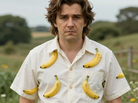 Man Wearing Banana-Patterned Shirt in Outdoor Setting