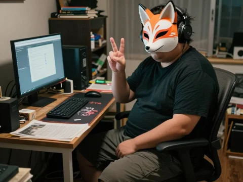 Man Wearing Fox Mask Working at Computer Desk