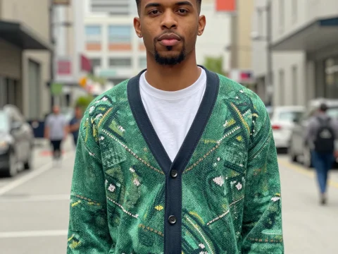 Man Wearing Green Patterned Cardigan in Urban Street