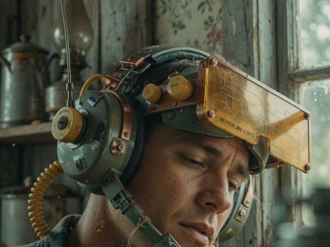 Man Wearing Retro-Futuristic Headgear in Rustic Setting