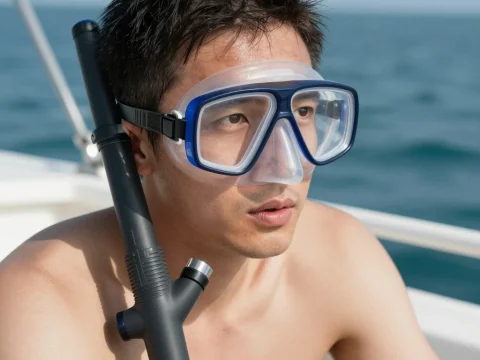 Man Wearing Snorkeling Mask on Boat by the Sea