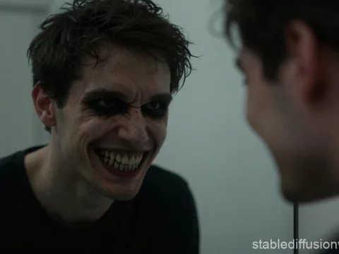 Man with Dark Makeup Smiling Menacingly in Mirror