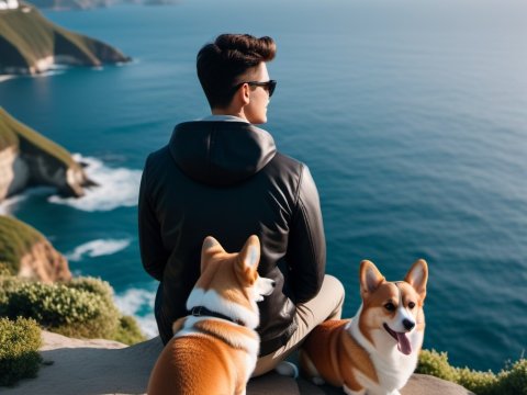 Man with Two Corgis Enjoying Ocean Cliff View