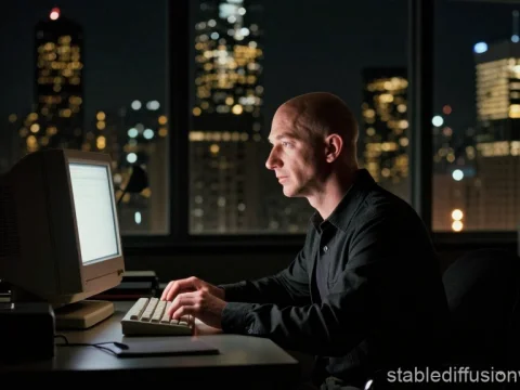Man Working Late at Night on Vintage Computer in City Office