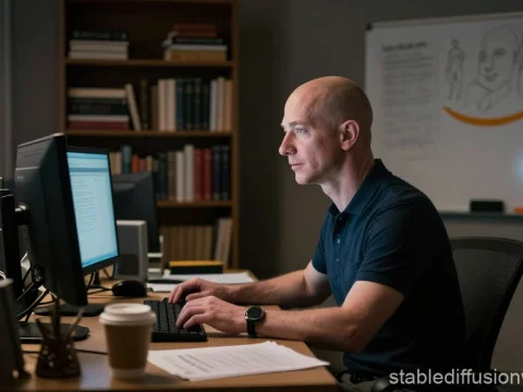 Man Working Late at Office Desk with Computer