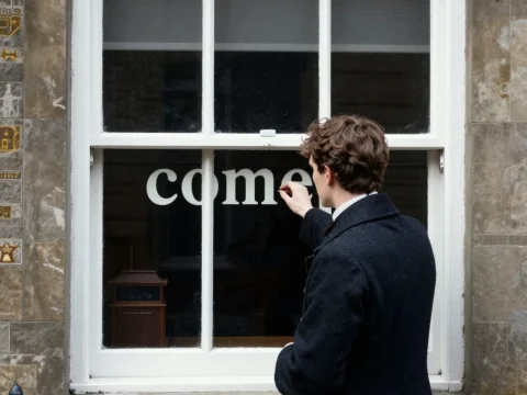 Man Writing on Window Pane in Vintage Setting