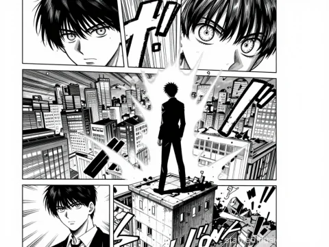 Manga Hero Standing Over Cityscape with Explosive Energy