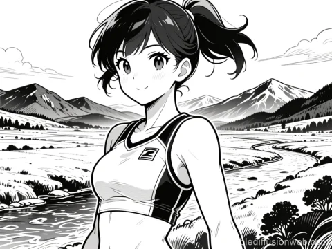 Manga Style Athlete by a River in Mountain Landscape